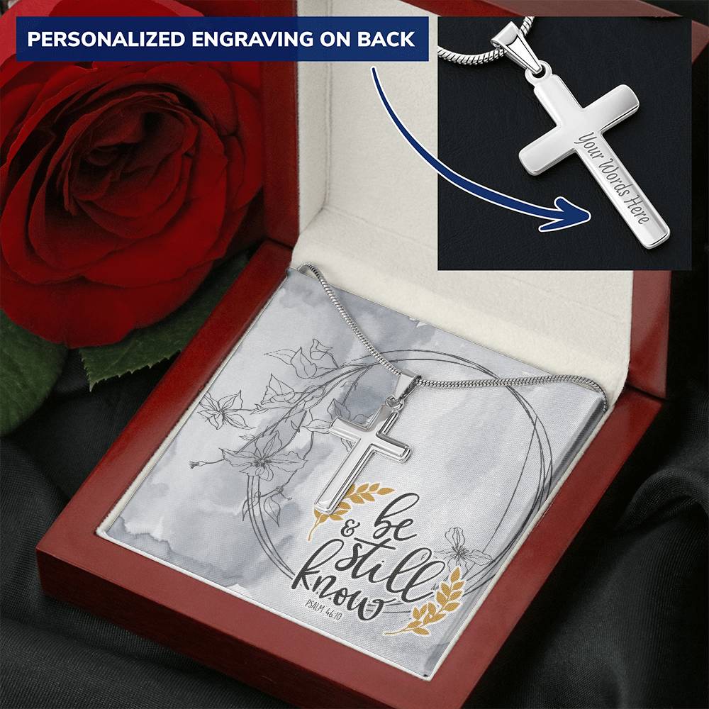 Dad To Son Gifts Cross Necklace Chain Bible Verse - Be Still & Know Customize Engraved Cross Necklace
