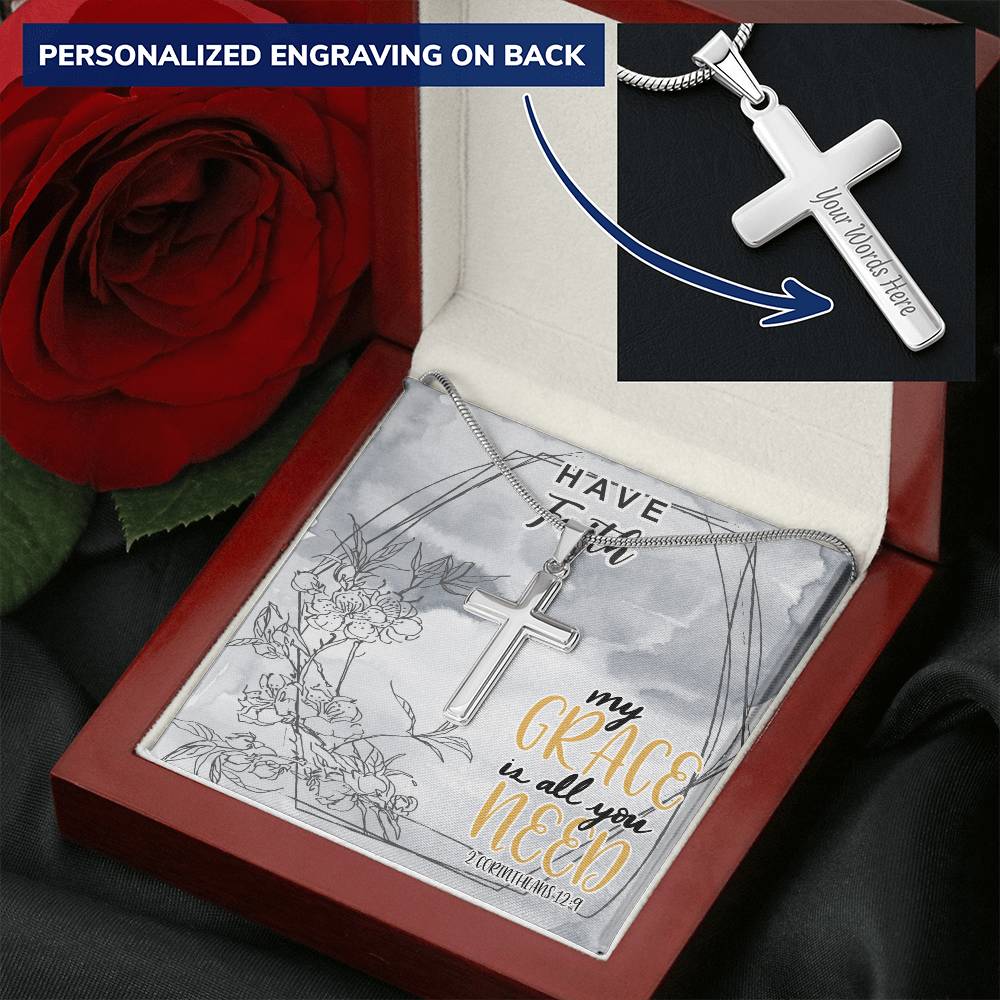 Dad To Son Gifts - My Grace Is All You Need Customize Engraved Cross Necklace