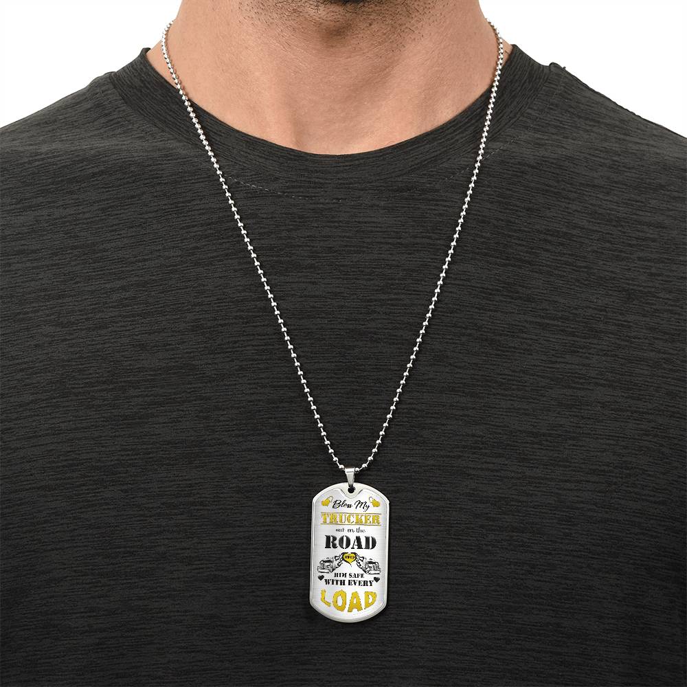 Bless My Trucker Necklace With Semi Truck And Angel Wing Charms, To My Husband, Trucker Gift - Gift For Him - Dog Tag Necklace - Army Tag Necklace, Dog Tag Necklace
