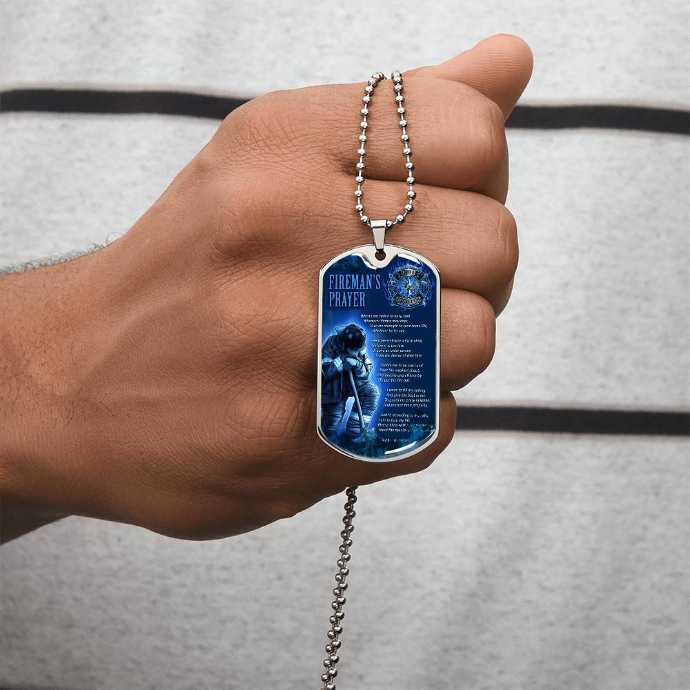 Fireman's Prayer Pendant With Military Ball Chain - Army Tag Necklace, Dog Tag Necklace