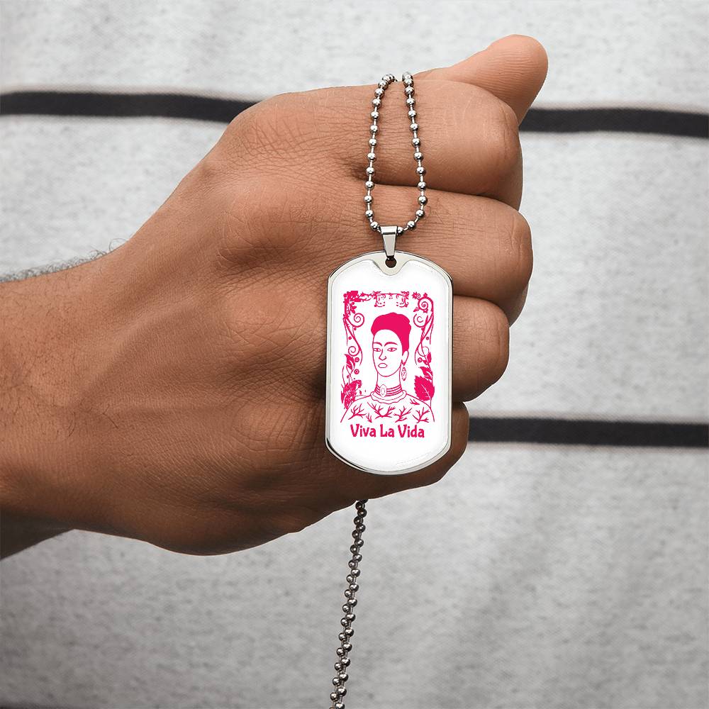 Frida Viva La Vida Pendant Necklace - Army Tag Necklace, Dog Tag Necklace