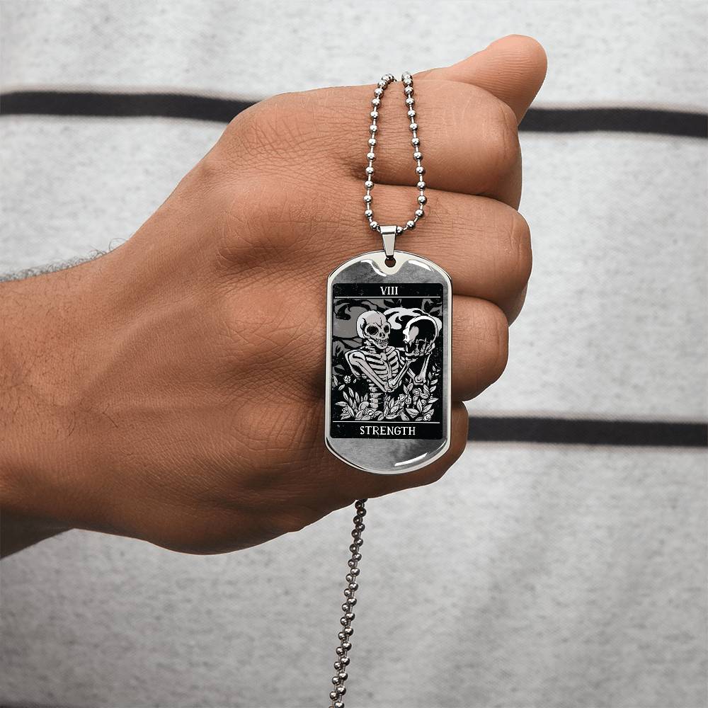 Tarot Card Necklace. Silver Or Gold. For Wiccans, Astrology, Zodiac, Spiritual, Best Friend. Boho. Strength Card - Army Tag Necklace, Dog Tag Necklace