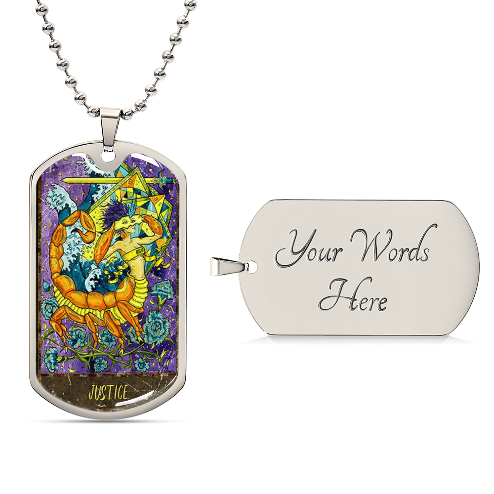 Tarot Card Necklace. Silver Or Gold. For Wiccans, Astrology, Zodiac, Spiritual, Best Friend. Boho. Justice Card - Army Tag Necklace, Dog Tag Necklace