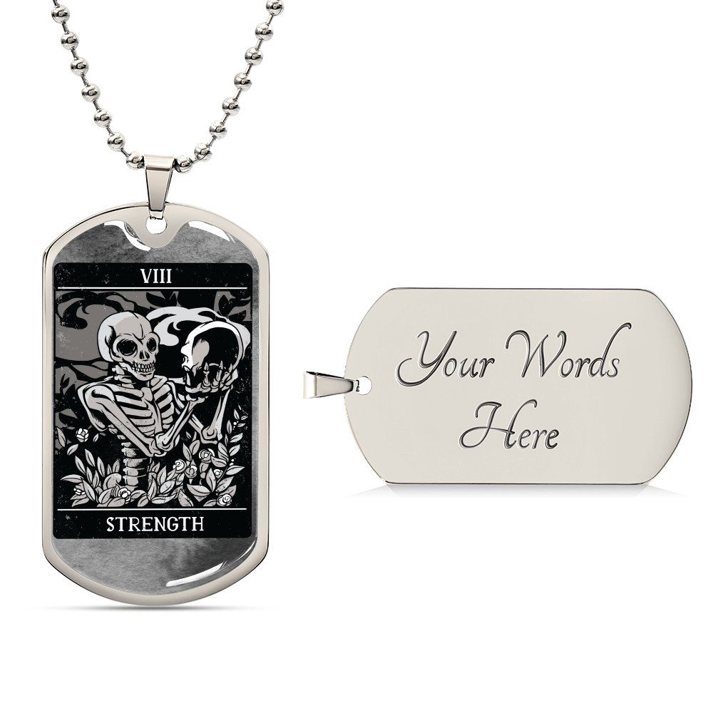 Tarot Card Necklace. Silver Or Gold. For Wiccans, Astrology, Zodiac, Spiritual, Best Friend. Boho. Strength Card - Army Tag Necklace, Dog Tag Necklace