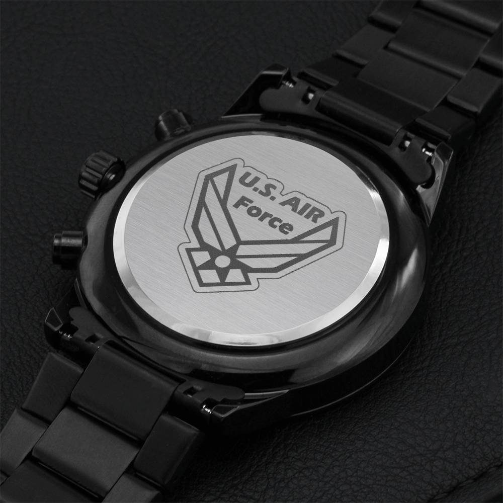 U.s. Air Force Engraved Design Black Chronograph Watch Engraving Chronograph Watch