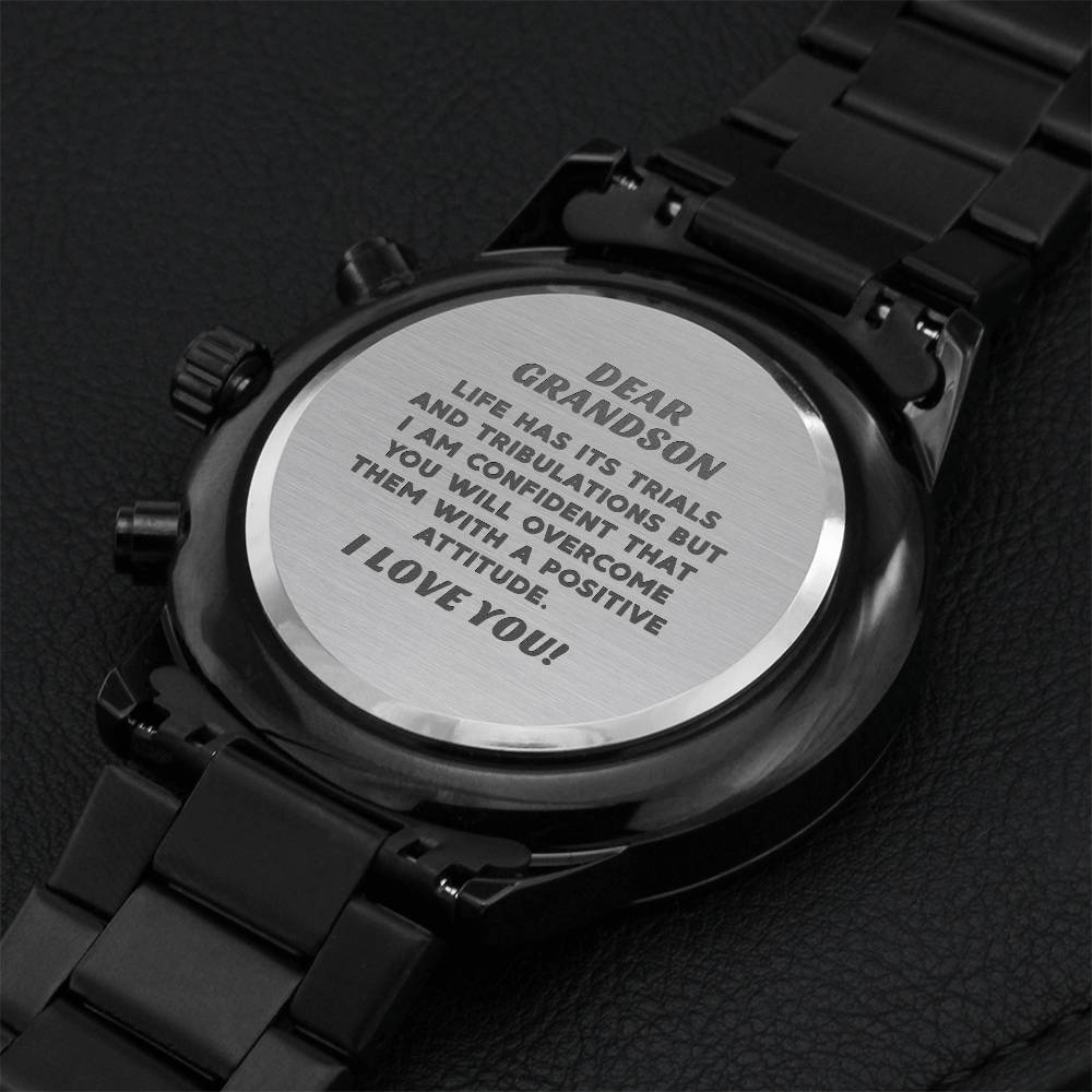 Grandson Graduation Custom Gift Fathers Day Gift For Grandson From Grandmother Black Chronograph Engraved Watch For Men New Job Gift 1 Engraving Chronograph Watch