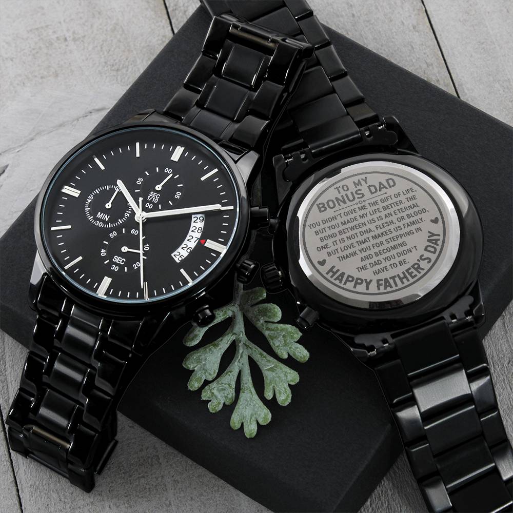 To My Bonus Dad - Engraved Design Black Chronograph Watch Engraving Chronograph Watch