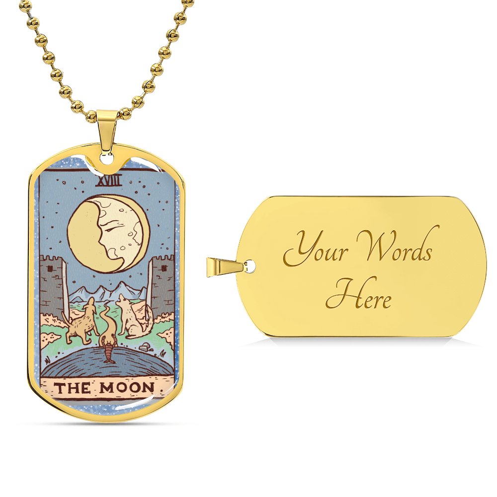Tarot Card Necklace. Silver Or Gold. For Wiccans, Astrology, Zodiac, Spiritual, Best Friend. Boho. The Moon Card - Army Tag Necklace, Dog Tag Necklace