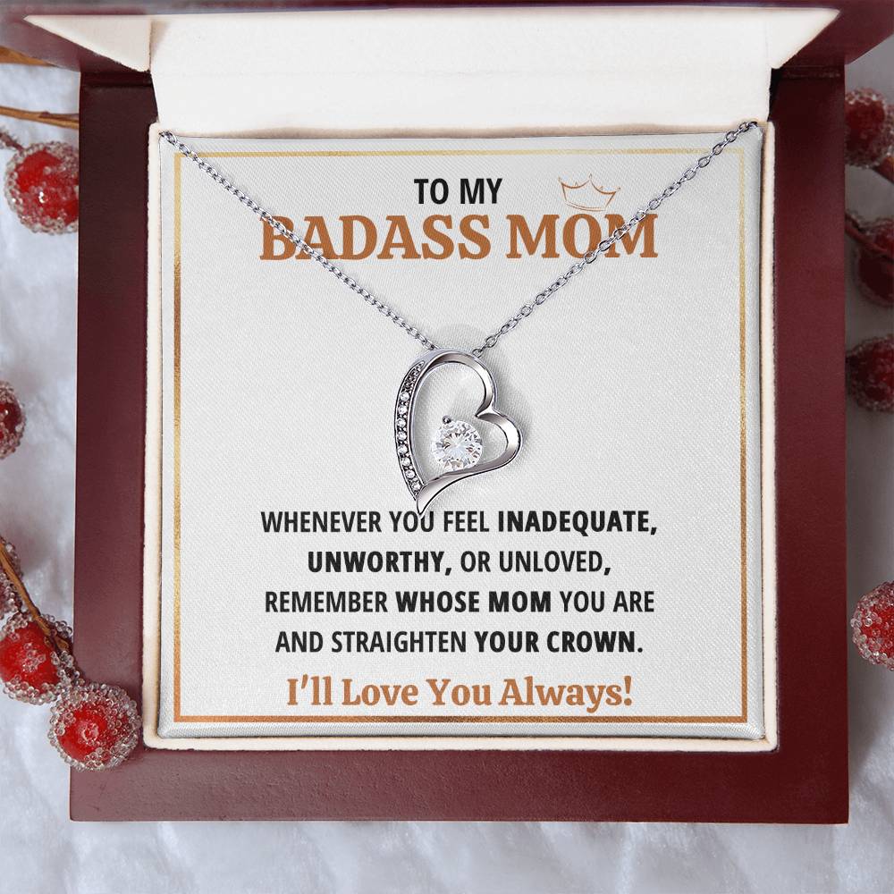 To My Badass Mom Crown Heart Necklace Gift Set Forever Love Necklace
