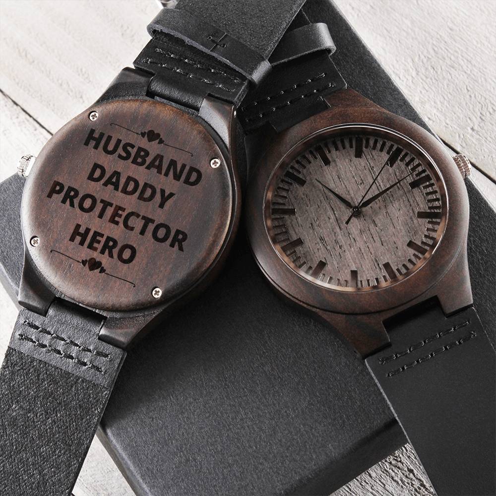 Husband Daddy Protector Hero Engraved Black Wooden Watch Gift For Dad Step-Dad Father Son Or Uncle Gift Husband - Dadd Engraved Wooden Watch