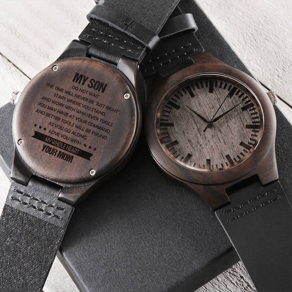 Wooden Watch From Mom To Son To My Son - Stainless Steel Watch Son Gifts Xmas Christmas Son Birthday Bonus Son Engrave Engraved Wooden Watch