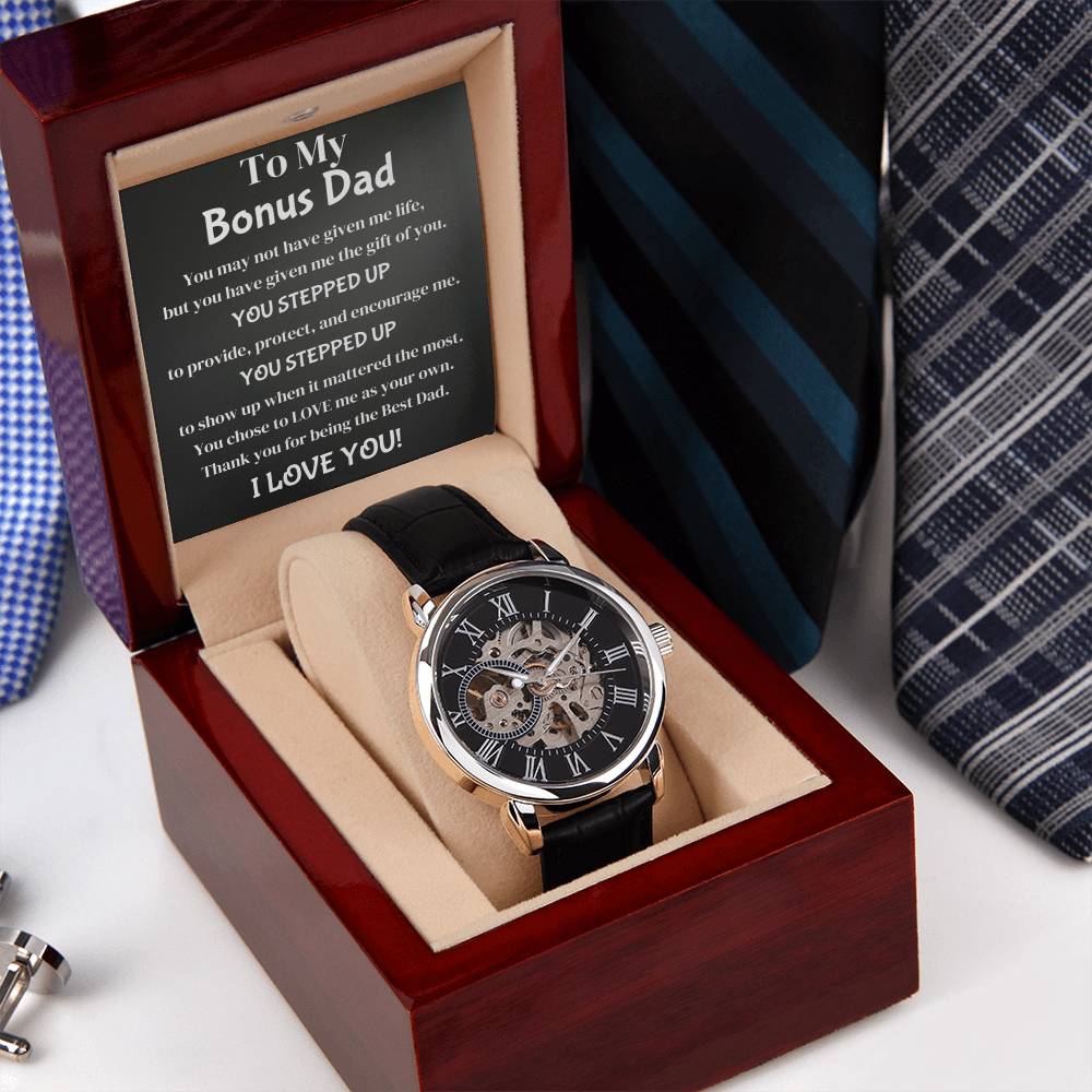 Men's Skeleton Black Band To My Bonus Dad Stepped Up Gift For Him Father's Day From Son Or Daughter Openwork Watch
