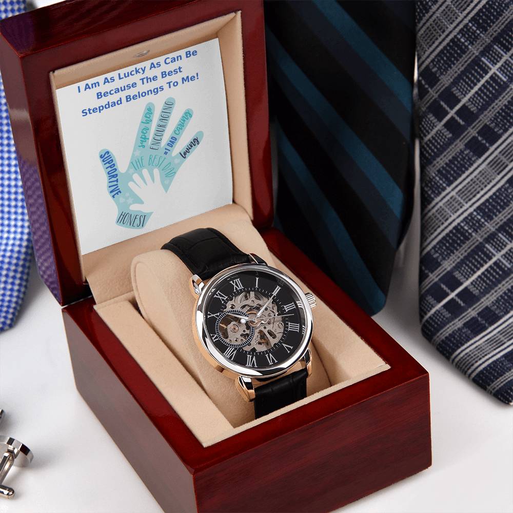 Lucky As Can Be The Best Stepdad Belongs To Me - Gifts For Stepdad - Fathers Day Stepdad Gifts Openwork Watch