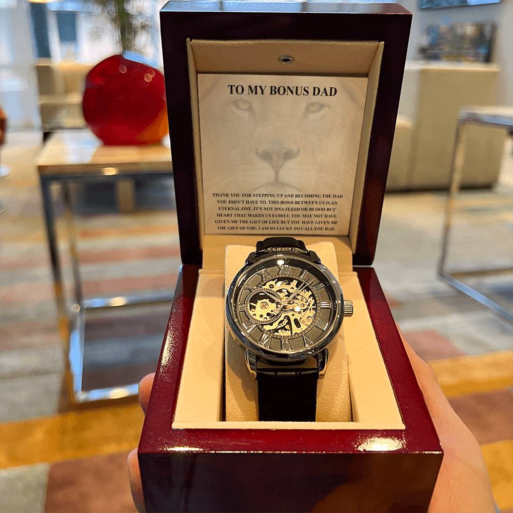 Step Dad Gift From Step Daughter Openwork Automatic Leather Strap Mens Watch Gift For Men To My Bonus Dad Stepped Up Dad Gift(3) Openwork Watch