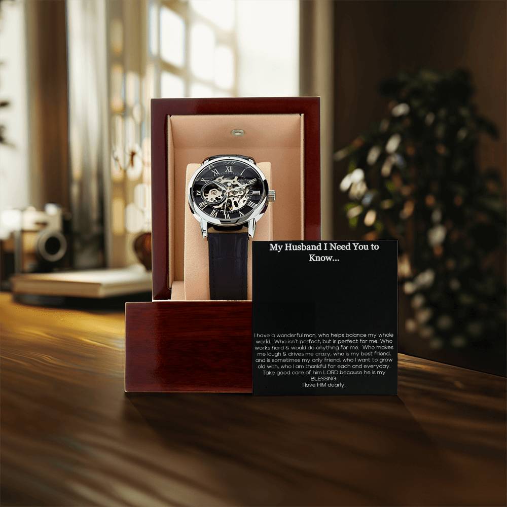 My Husband I Need You To Know I Thank God For You Mens Skeleton Openwork Watch