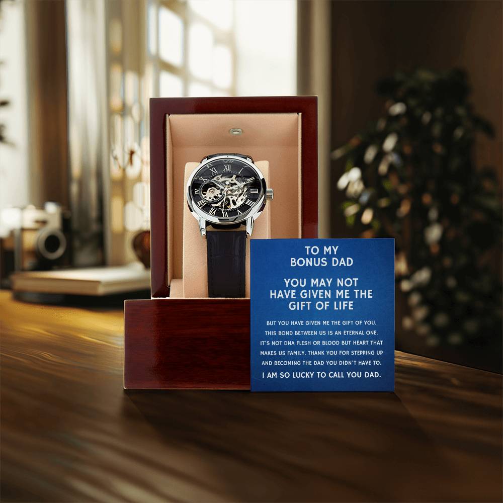 Step Dad Gift From Step Daughter Openwork Automatic Leather Strap Mens Watch Gift For Men To My Bonus Dad Stepped Up Dad Gift(4) Openwork Watch