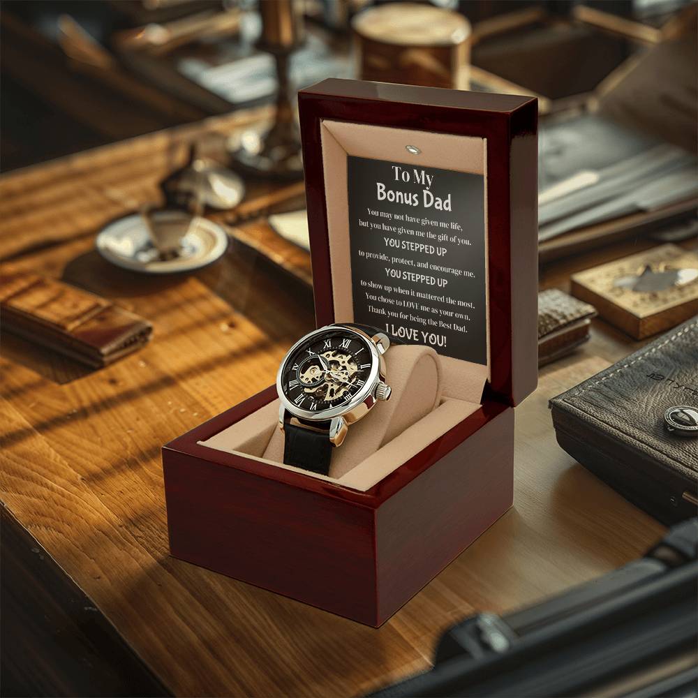 Men's Skeleton Black Band To My Bonus Dad Stepped Up Gift For Him Father's Day From Son Or Daughter Openwork Watch