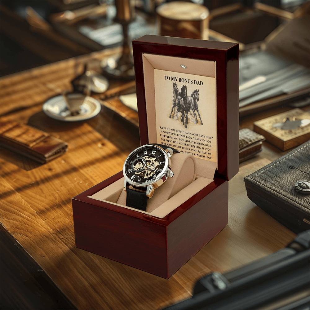 Step Dad Gift From Step Daughter Openwork Automatic Leather Strap Mens Watch Gift For Men To My Bonus Dad Stepped Up Dad Gift(2) Openwork Watch