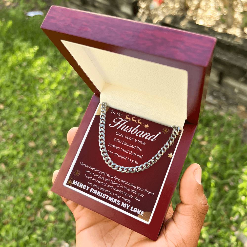 To My Husband - Merry Christmas - Chain Necklace + Mahogany Luxury Gift Box Cuban Link Chain