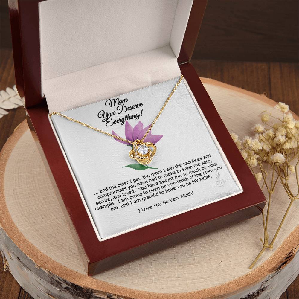 Mom You Deserve Everything Card And Love Knot Symbol 14K Over Stainless Steel Cz Necklace Mother's Day Birthday Anytime Gift From Daughter Love Knot Necklace