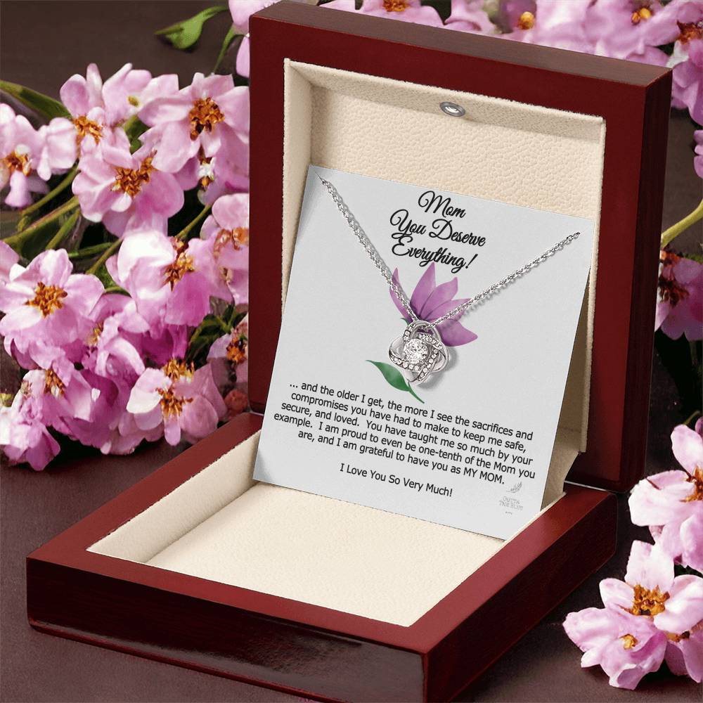 Mom You Deserve Everything Card And Love Knot Symbol 14K Over Stainless Steel Cz Necklace Mother's Day Birthday Anytime Gift From Daughter Love Knot Necklace
