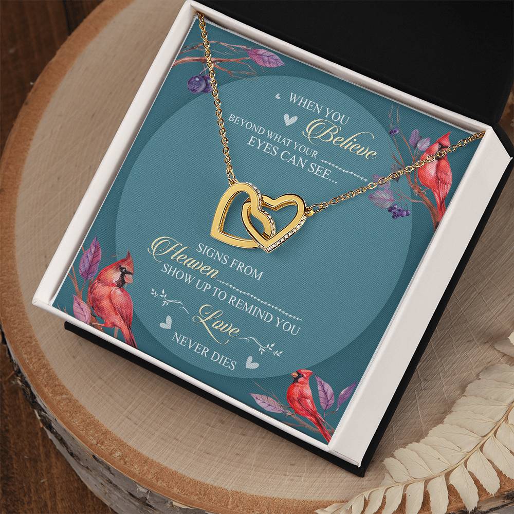 When You Believe Beyond What Your Eyes Can See Interlocking Hearts Necklace Cardinal Bird