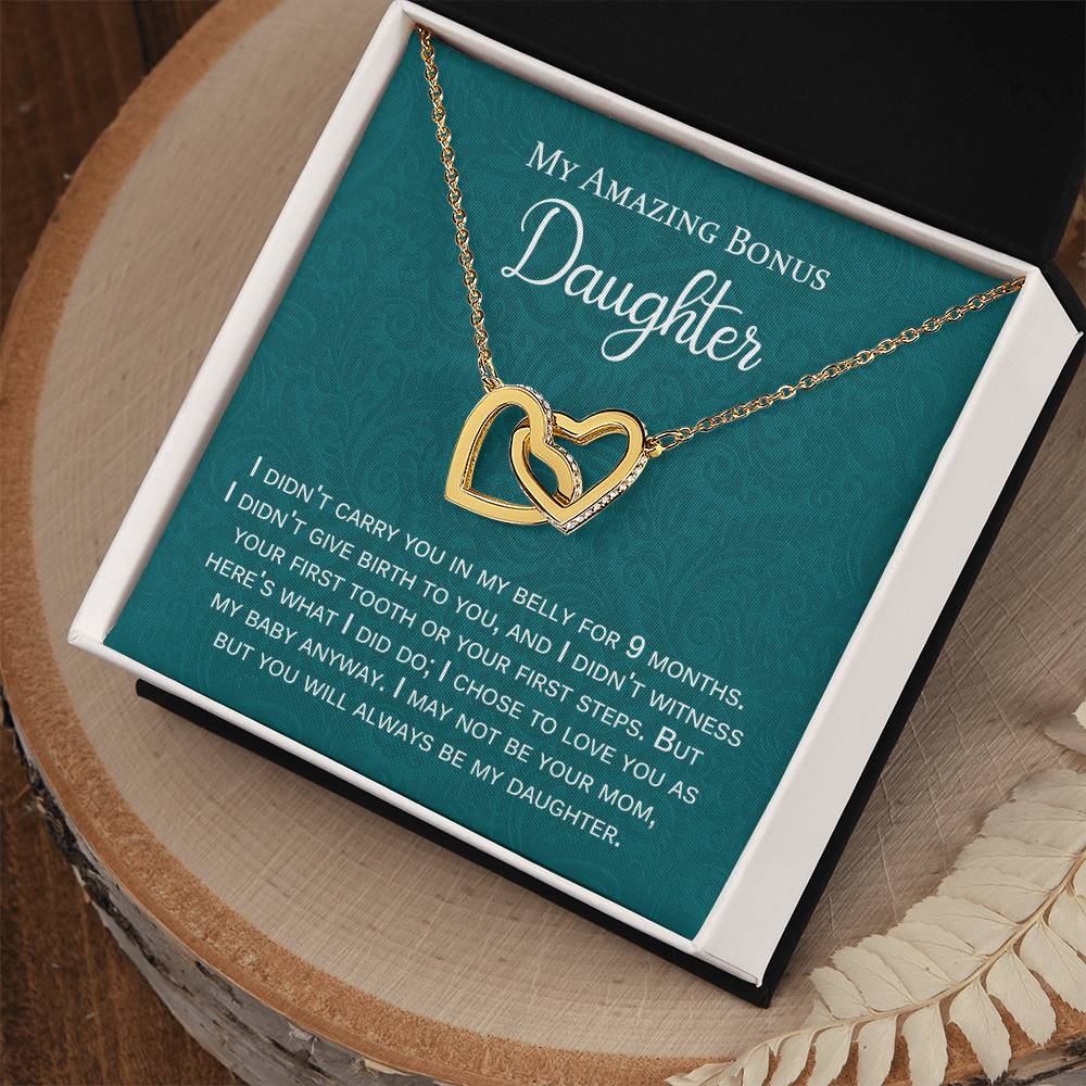 My Amazing Bonus Daughter Gift With Message Interlocking Hearts Necklace