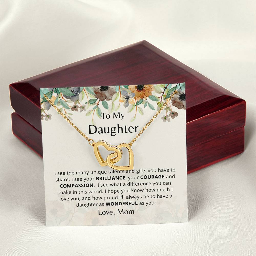 To My Daughter - As Wonderful As You - Necklace. Embellished With Cubic Zirconia Stones. Interlocking Hearts Necklace