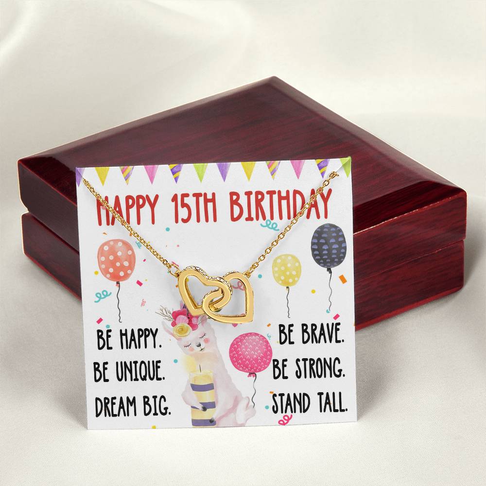 15Th Birthday Necklace Gift For Girl Daughter Birthday Gift For 15 Years Old Teen Birthday Gift Cute Llama Interlocking Hearts Necklace