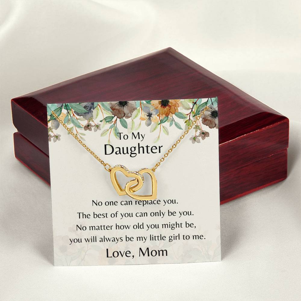 To My Daughter No One Can Replace You Necklace. Embellished With Cubic Zirconia Stones. Interlocking Hearts Necklace