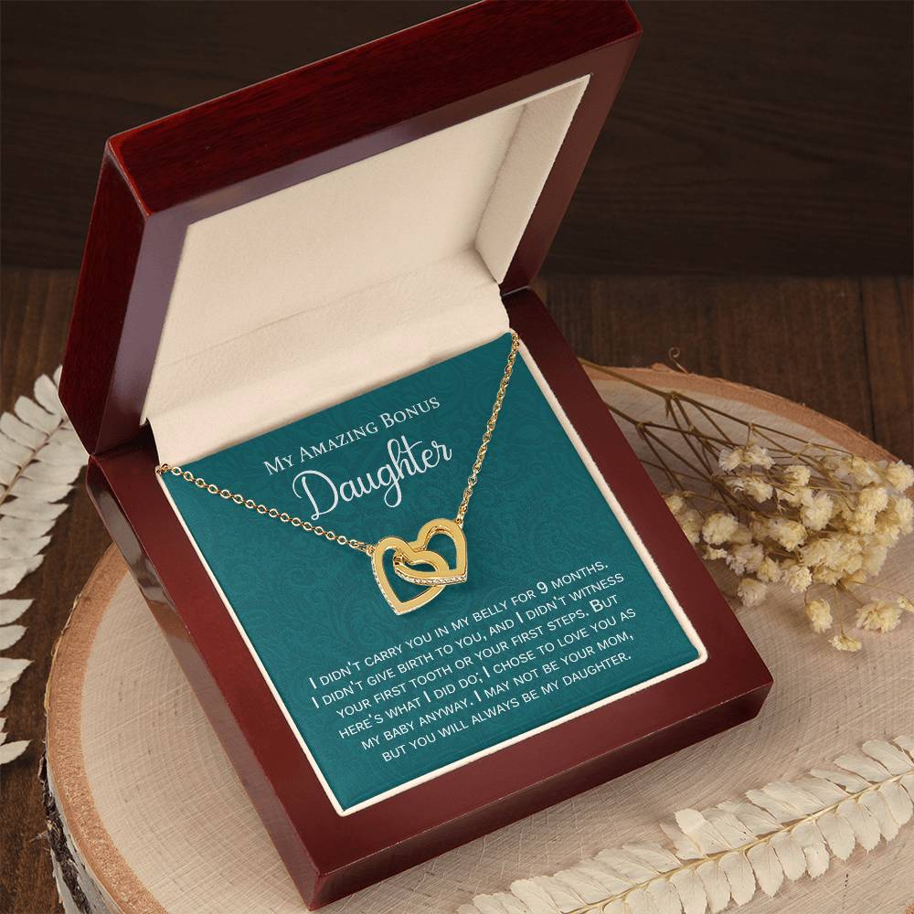 My Amazing Bonus Daughter Gift With Message Interlocking Hearts Necklace