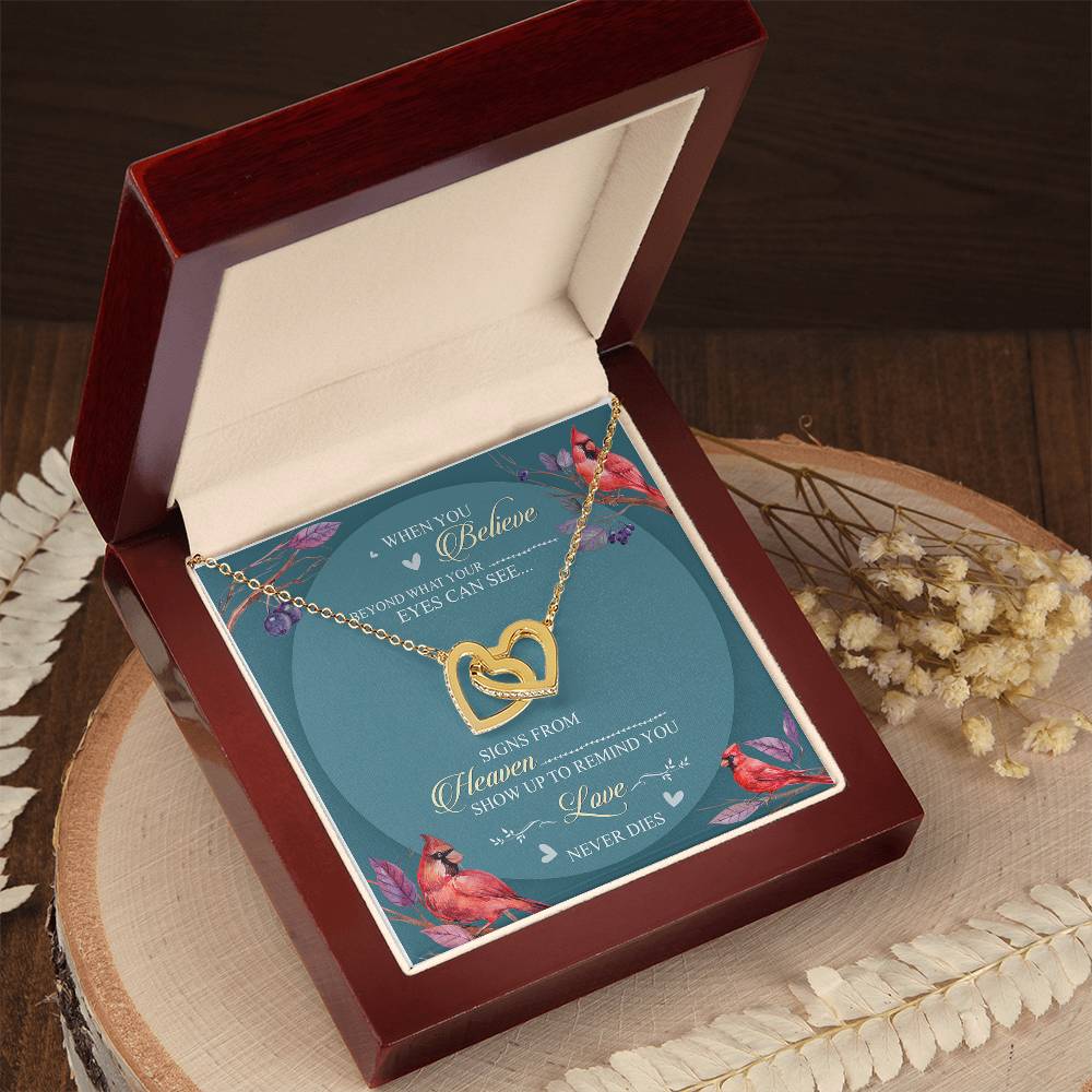 When You Believe Beyond What Your Eyes Can See Interlocking Hearts Necklace Cardinal Bird