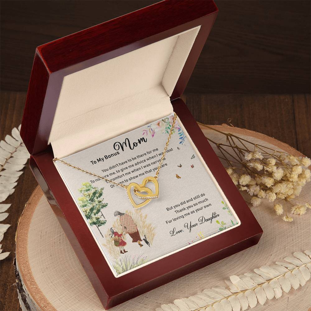 To My Bonus Mom Interlocking Hearts Necklace Mother'S Day Message Card Gift From Bonus Daughter
