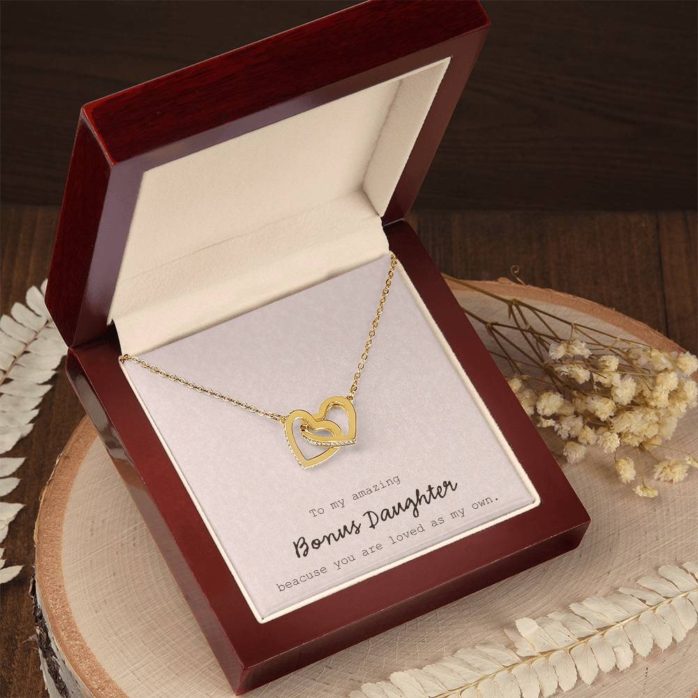 To My Amazing Bonus Daughter - Pink Interlocking Hearts Necklace