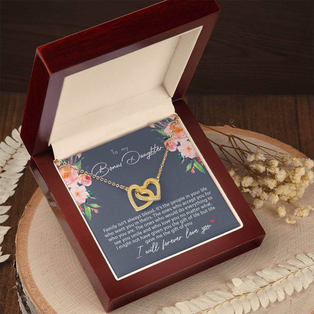 To My Bonus Daughter Family Isn'T Always Blood Interlocking Hearts Necklace