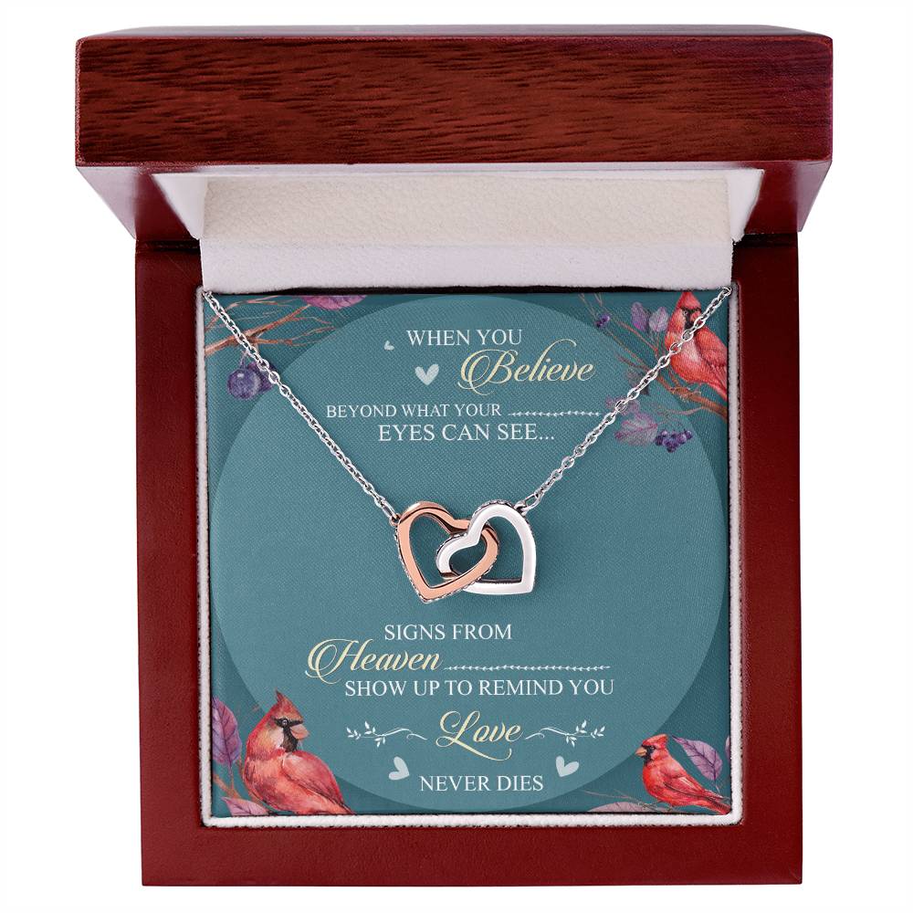 When You Believe Beyond What Your Eyes Interlocking Hearts Necklace Message Card