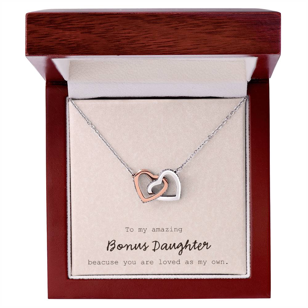 To My Amazing Bonus Daughter - Pink Interlocking Hearts Necklace