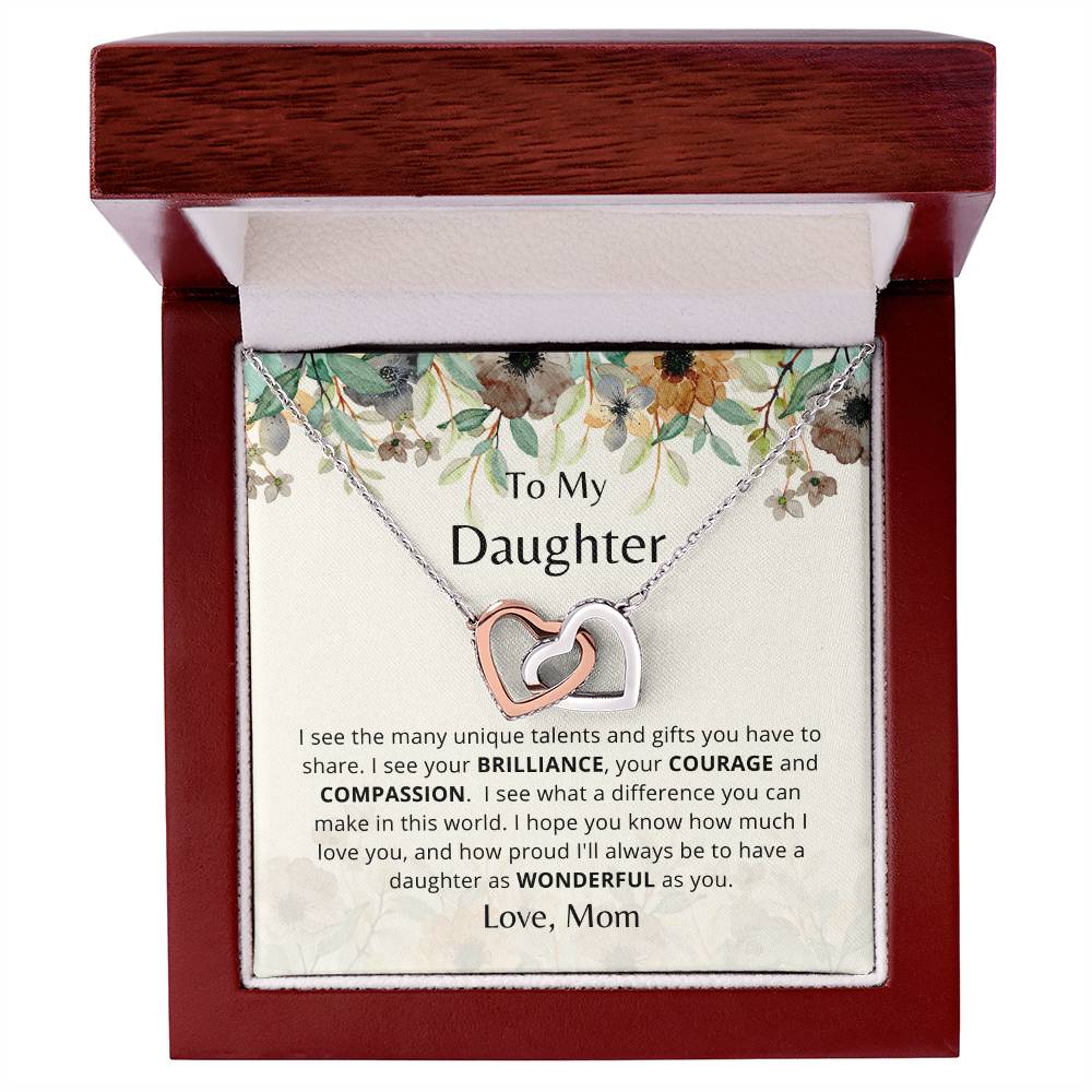 To My Daughter - As Wonderful As You - Necklace. Embellished With Cubic Zirconia Stones. Interlocking Hearts Necklace