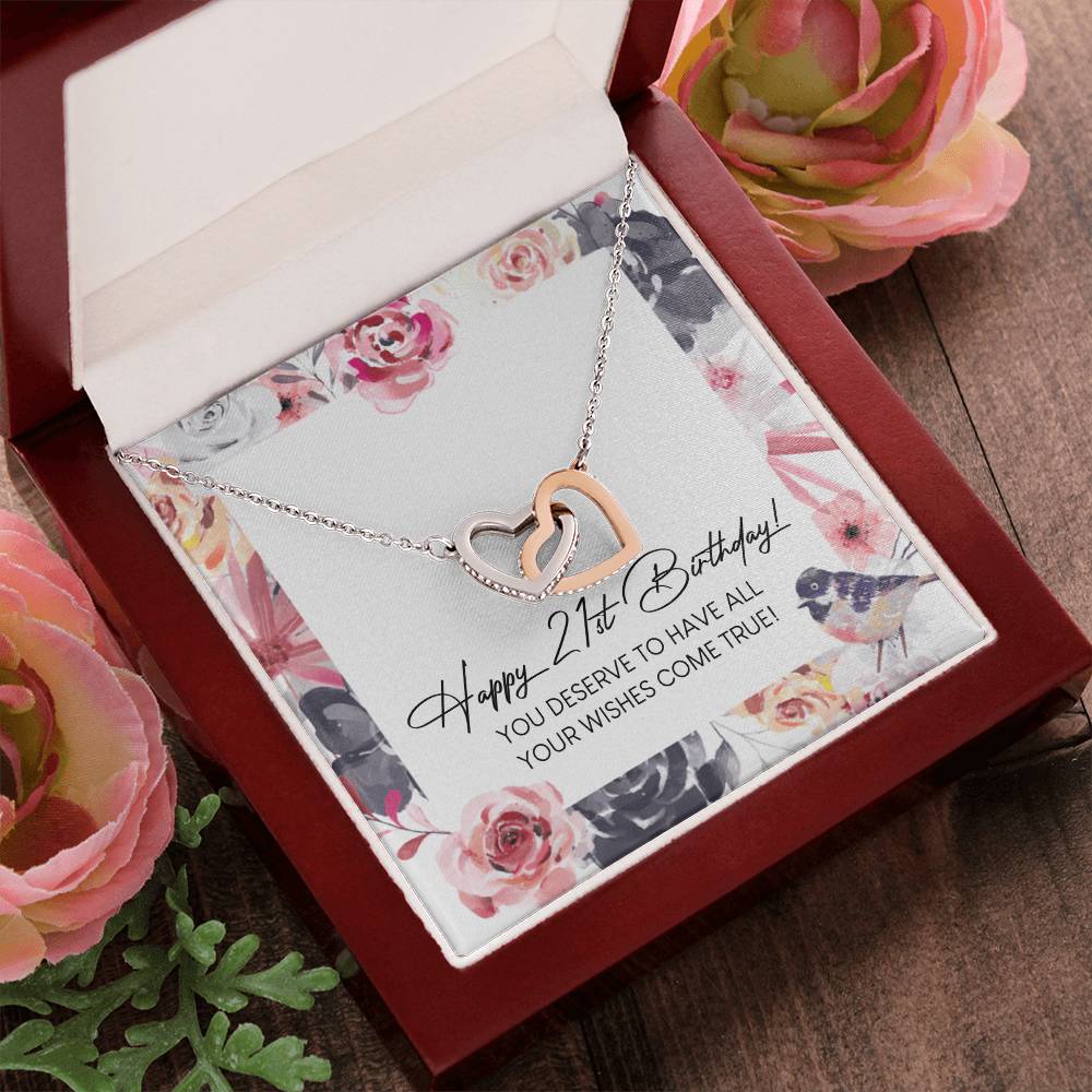 Happy 21St Birthday Interlocking Hearts Necklace Message Card