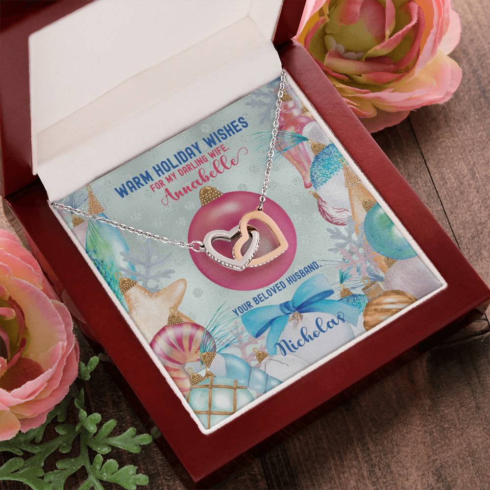 Husband To Wife - Warm Holiday Wishes Fully Customizable Christmas Gift - Personalized Interlocking Hearts Necklace