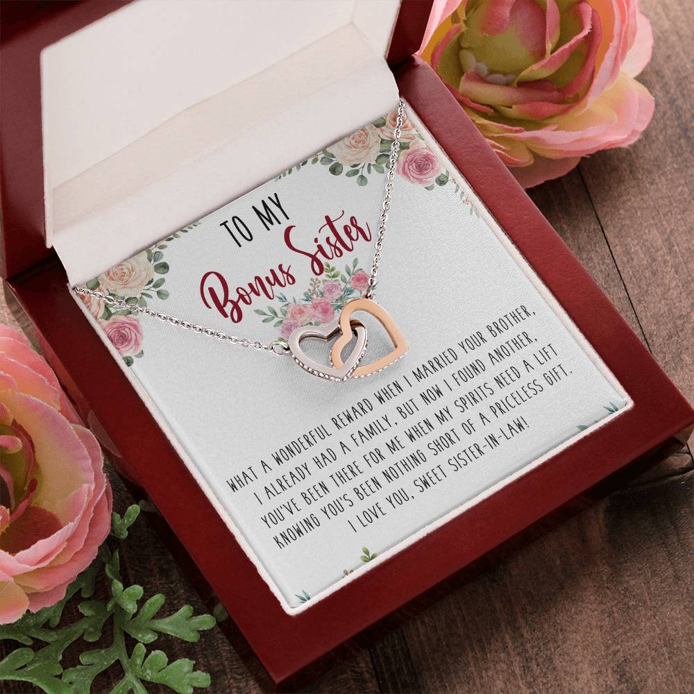 To My Bonus Sister Interlocking Hearts Necklace Message Card