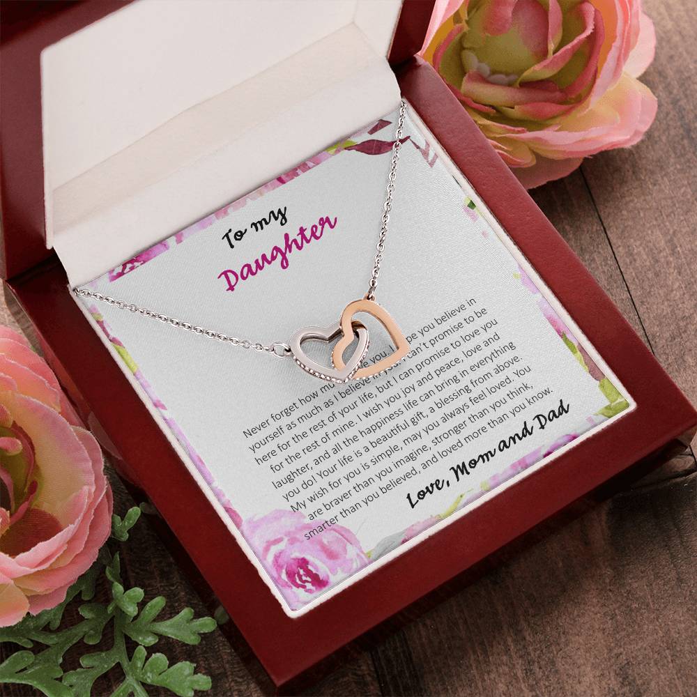 To My Daughter Never Forget How Much I Love You - Love Dad & Mom Interlocking Hearts Necklace