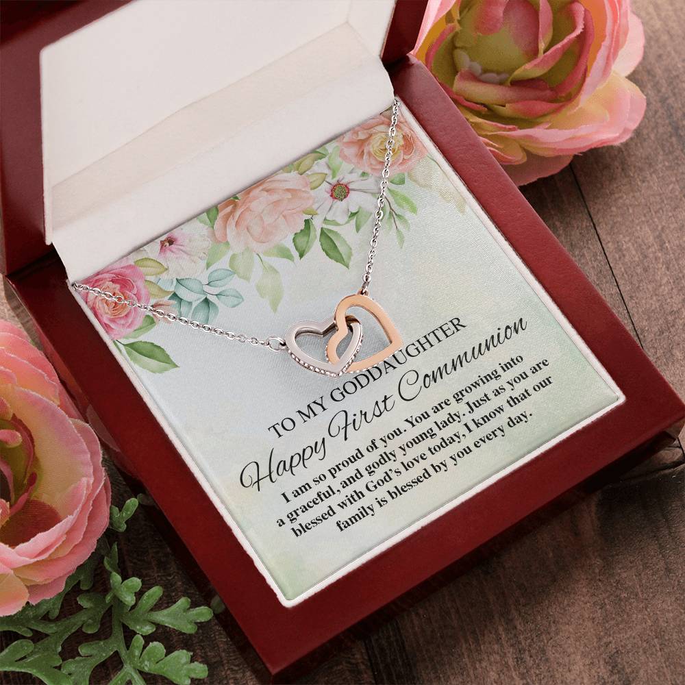 To My Goddaughter Happy First Communion Interlocking Hearts Necklace