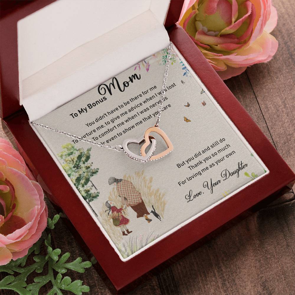 To My Bonus Mom Interlocking Hearts Necklace Message Card