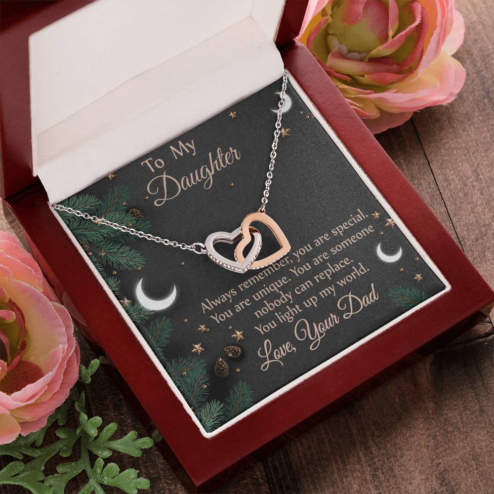 To Daughter - From Dad - You Light Up My World Necklace Interlocking Hearts Necklace