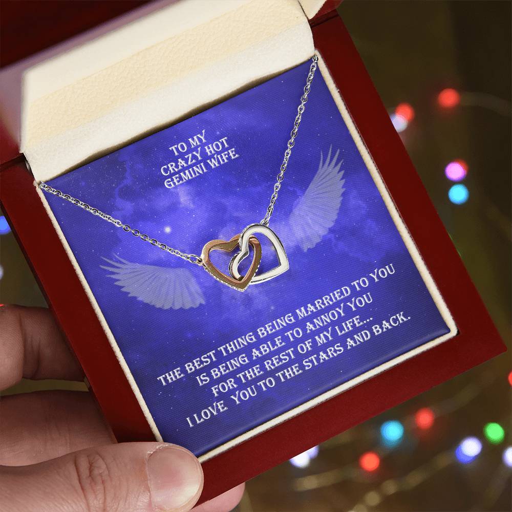 Hot Gemini Wife Interlocked Hearts Necklace With Personal Message Card And Jewelry Box. Interlocking Hearts Necklace
