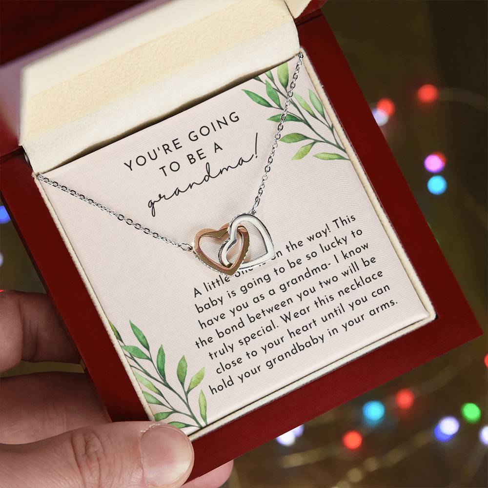 Grandma Baby Announcement L Neutral Leaves Final Interlocking Hearts Necklace