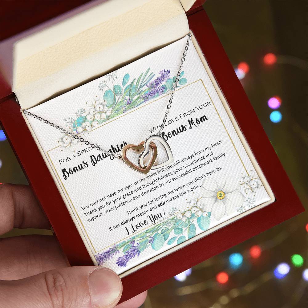 Bonus Daughter From Bonus Mom No Dna But You Have My Heart Interlocking Hearts Necklace