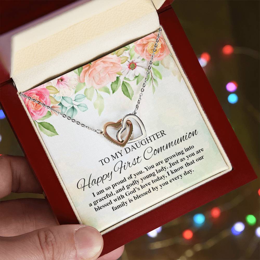 To My Daughter Happy First Communion Interlocking Hearts Necklace