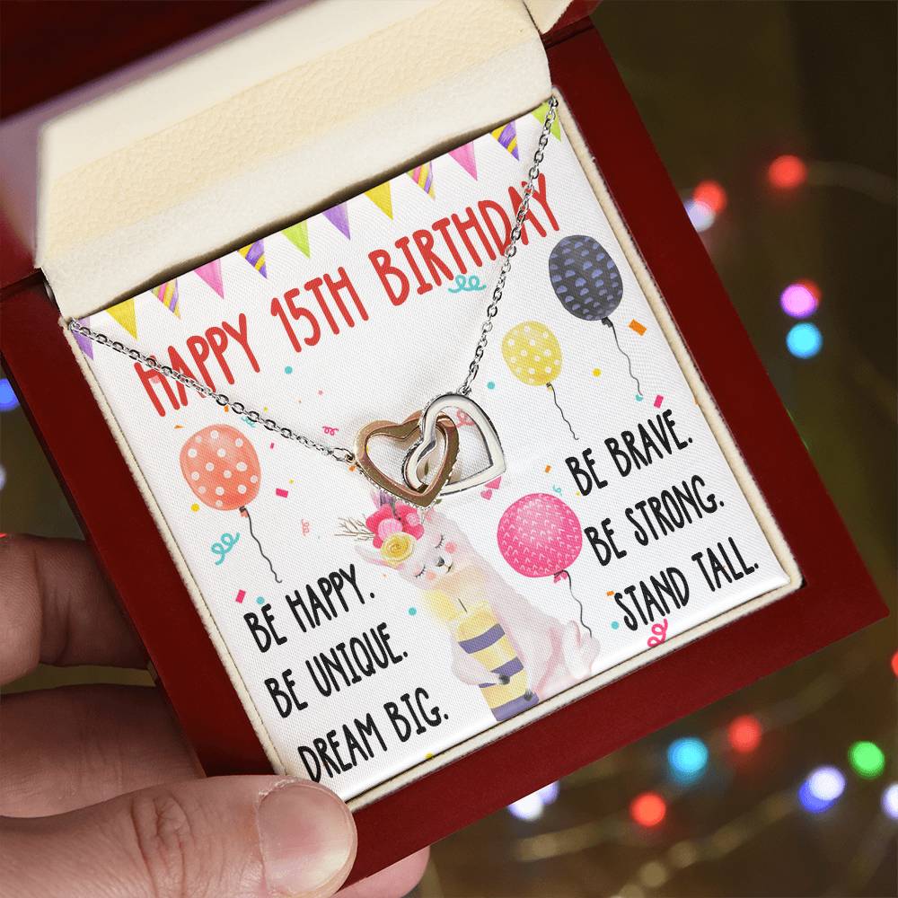 15Th Birthday Necklace Gift For Girl Daughter Birthday Gift For 15 Years Old Teen Birthday Gift Cute Llama Interlocking Hearts Necklace